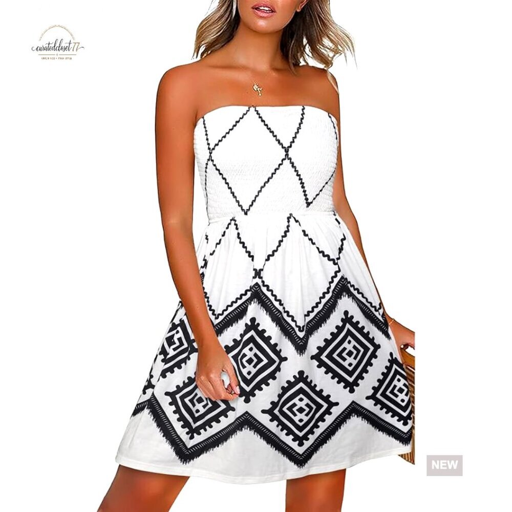 Strapless Boho Floral Sundress, Beach Cover Up, Casual Summer Dress